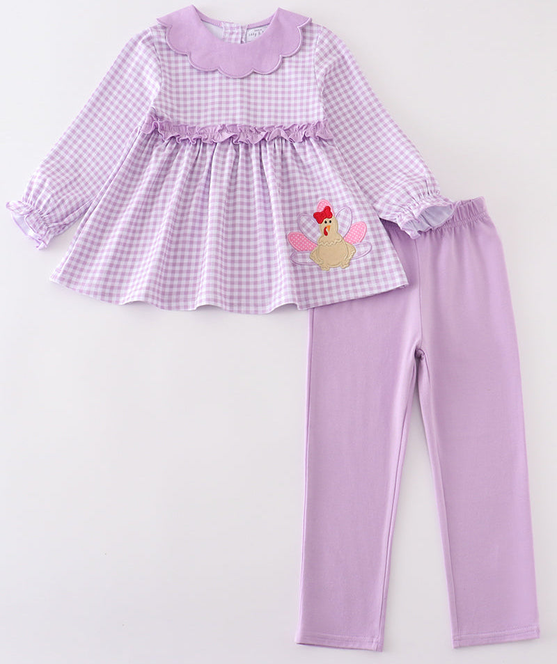PURPLE TURKEY APPLIQUE GIRL PANTS SET