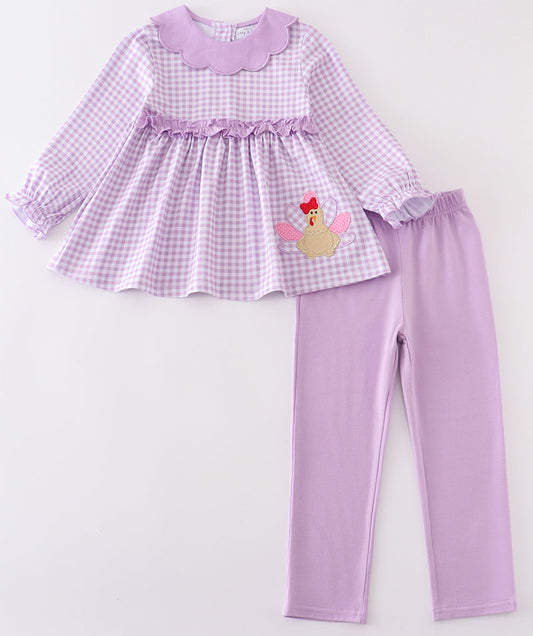 PURPLE TURKEY APPLIQUE GIRL PANTS SET
