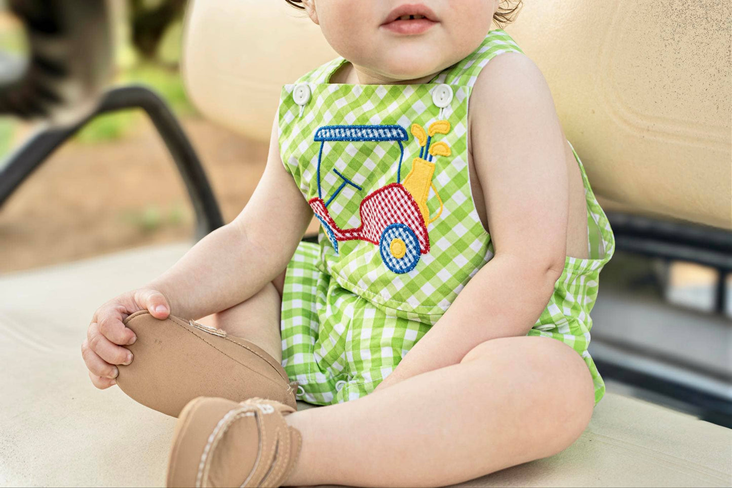 Fore! Boys' Gingham Shortall with Golf Cart Applique: