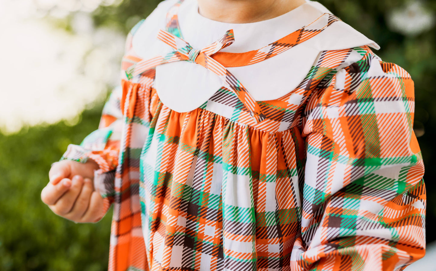 Autumn Plaid Scalloped Bishop Collar Dress & Bloomer Set: