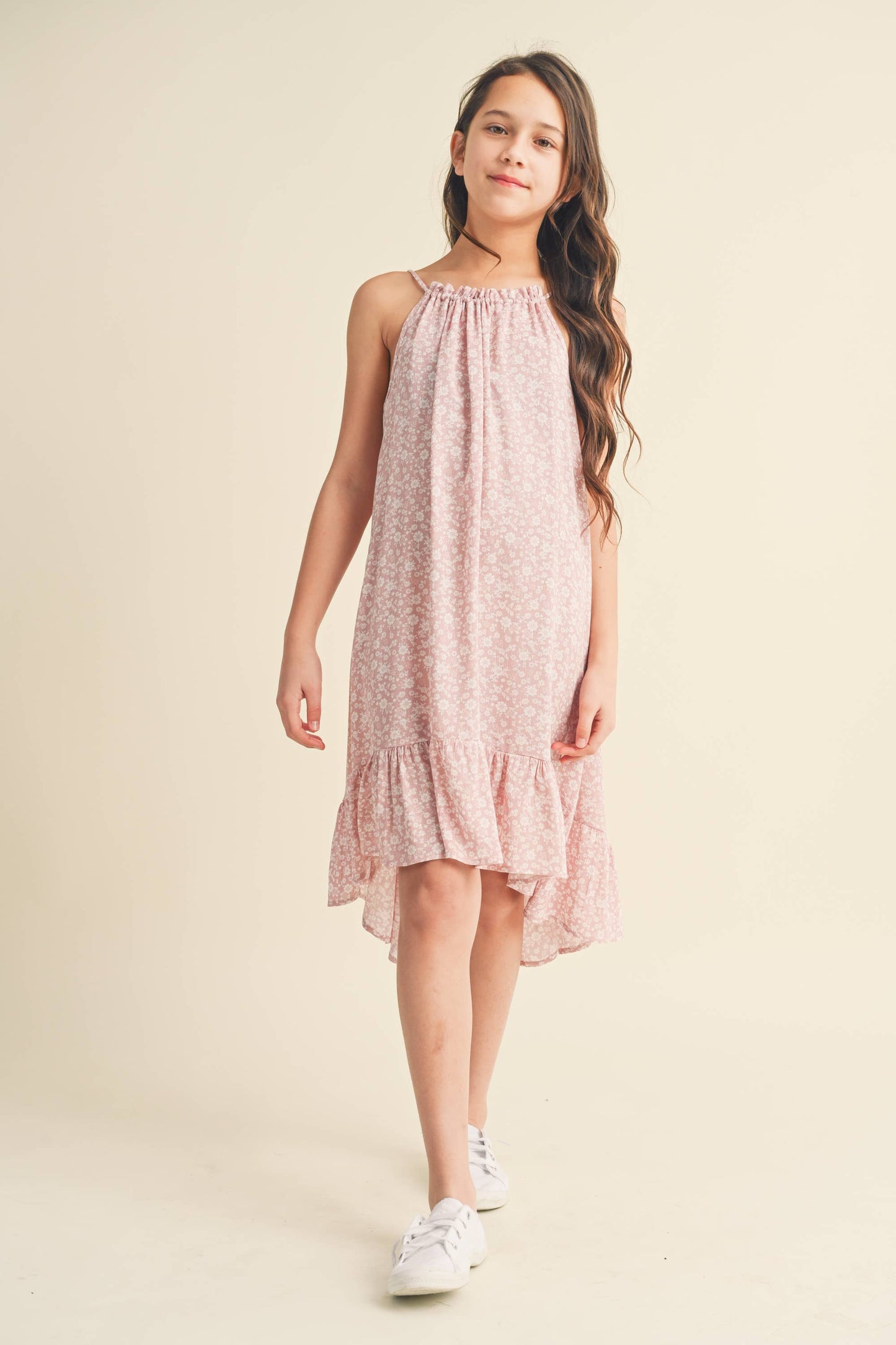 TWEEN GIRLS HALTER FLOUNCE DRESS BLUSH OFF WHITE
