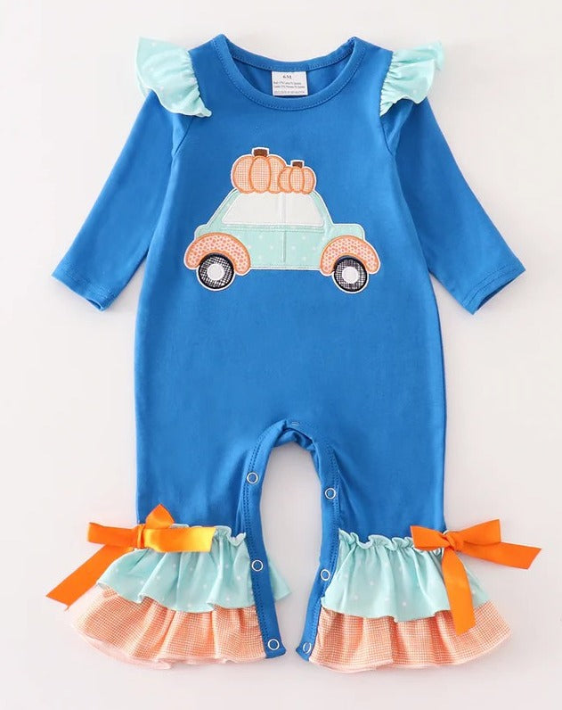 Blue and Orange Pumpkin Car Romper