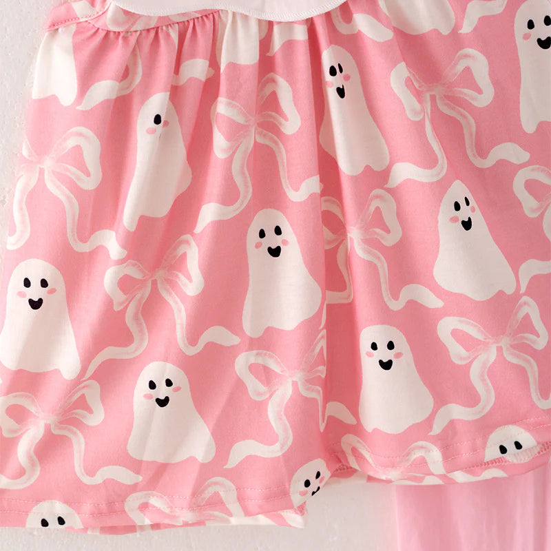 Girls Halloween Ghost Pink & White Embroidery Outfit Set