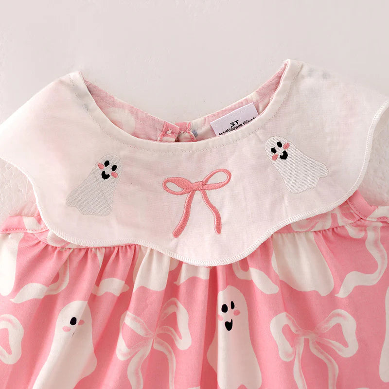 Girls Halloween Ghost Pink & White Embroidery Outfit Set