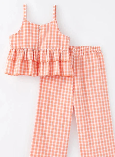 GIRLS SPRING CORAL PLAID COTTON OUTFIT SET