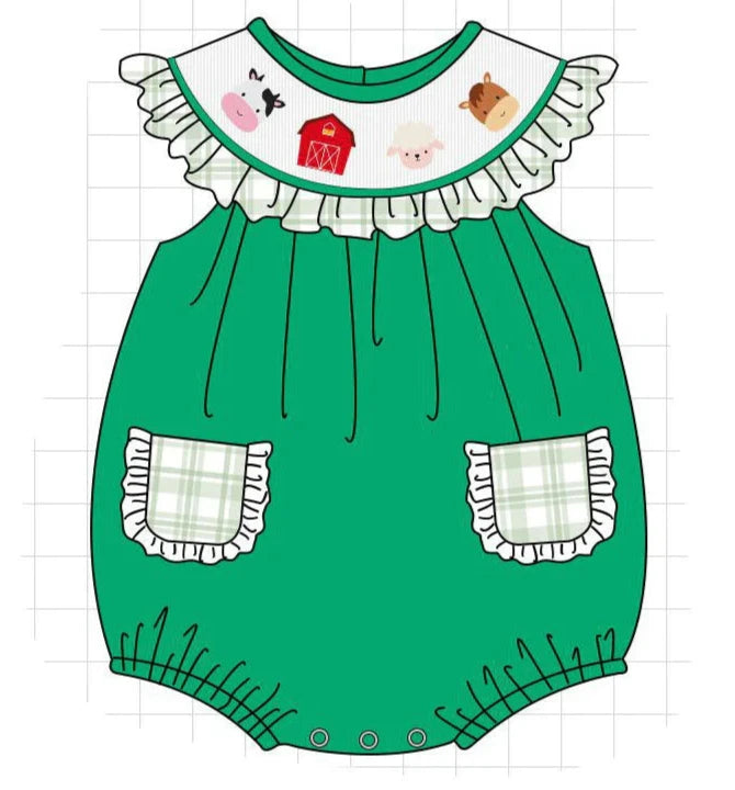 Green Farm Embroidery Smocked Girl Bubble