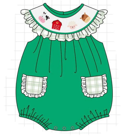 Green Farm Embroidery Smocked Girl Bubble