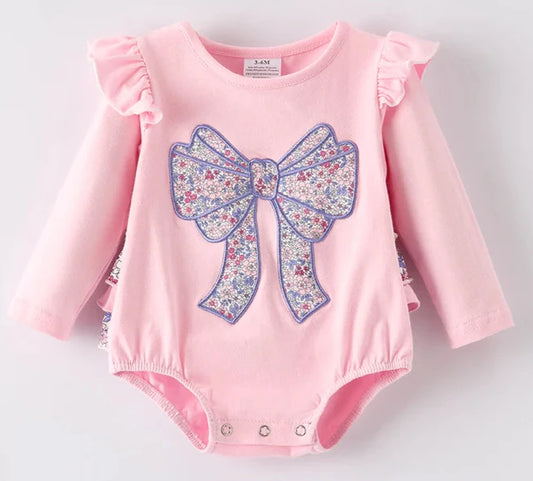 TODDLER GIRLS FALL BOW APPLIQUE COTTON ROMPER