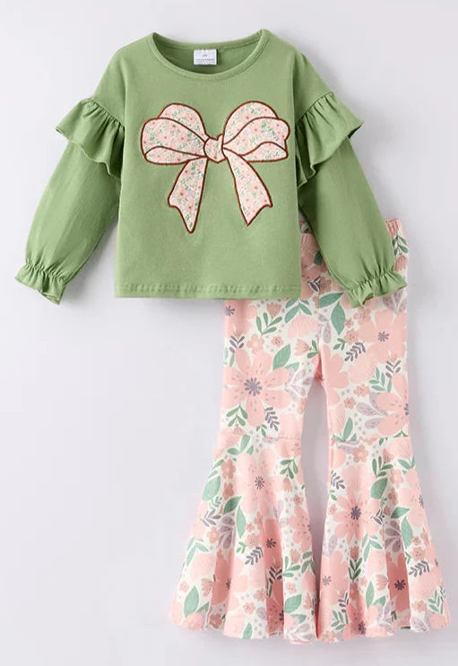 GIRLS FALL BOW APPLIQUE COTTON TOP FLORAL PRINT PANTS SET