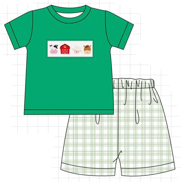 GREEN FARM EMBROIDERY SMOCKED BOY SHORT SET