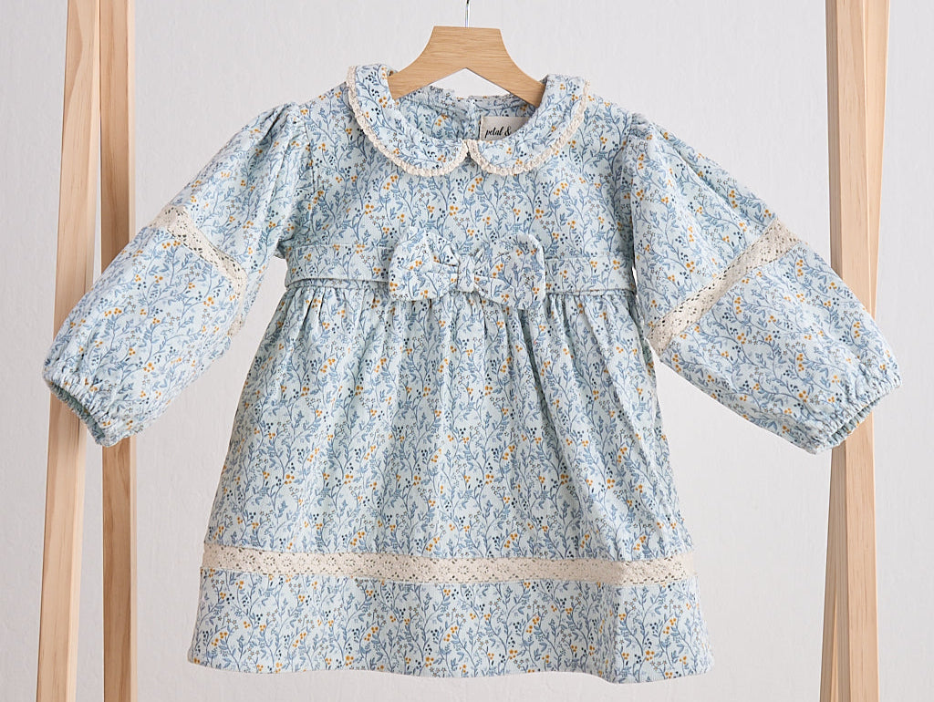 BLUE FLORAL CORDUROY LACE DRESS