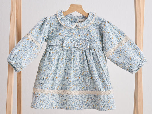BLUE FLORAL CORDUROY LACE DRESS