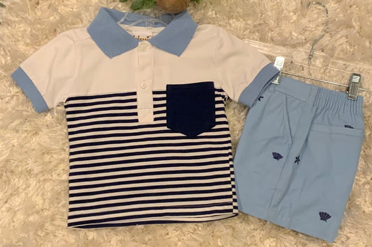 Blue Stripe Polo with Seaside Short Set