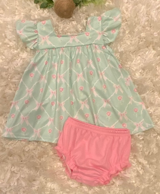Mint Green and Pink Bow Tie and Rose 2 Pc Bloomer Set