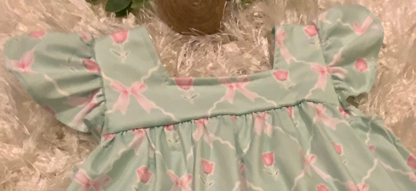 Mint Green and Pink Bow Tie and Rose 2 Pc Bloomer Set