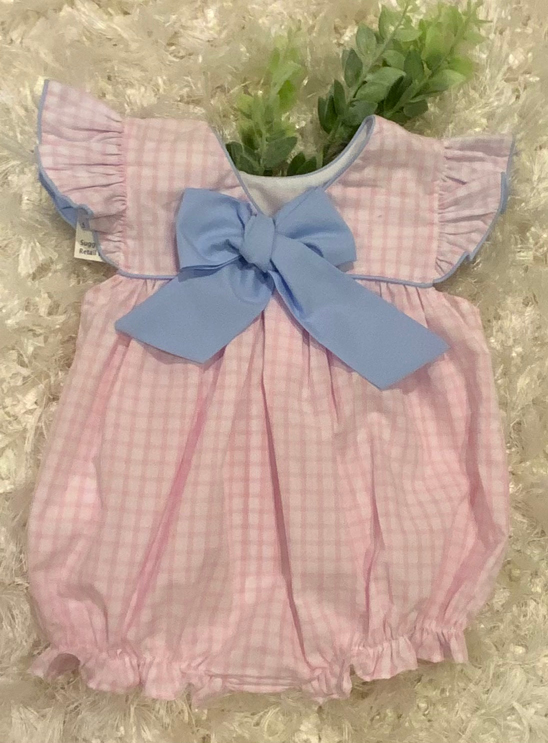 Pink and White check Romper trimmed in Baby Blue