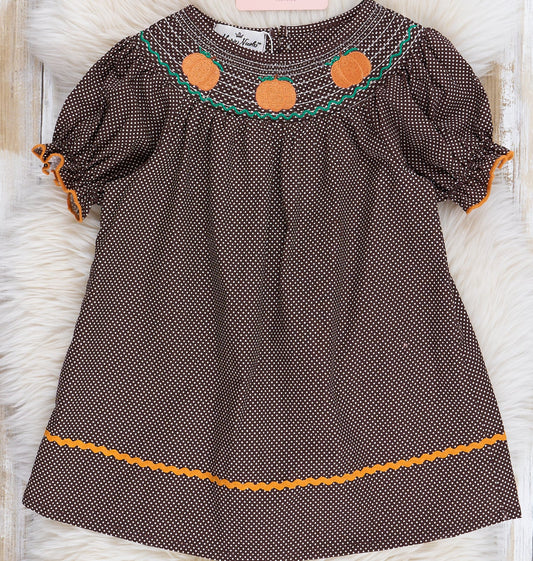 Brown Plaid Smocked Pumpkins Ruffle Dress