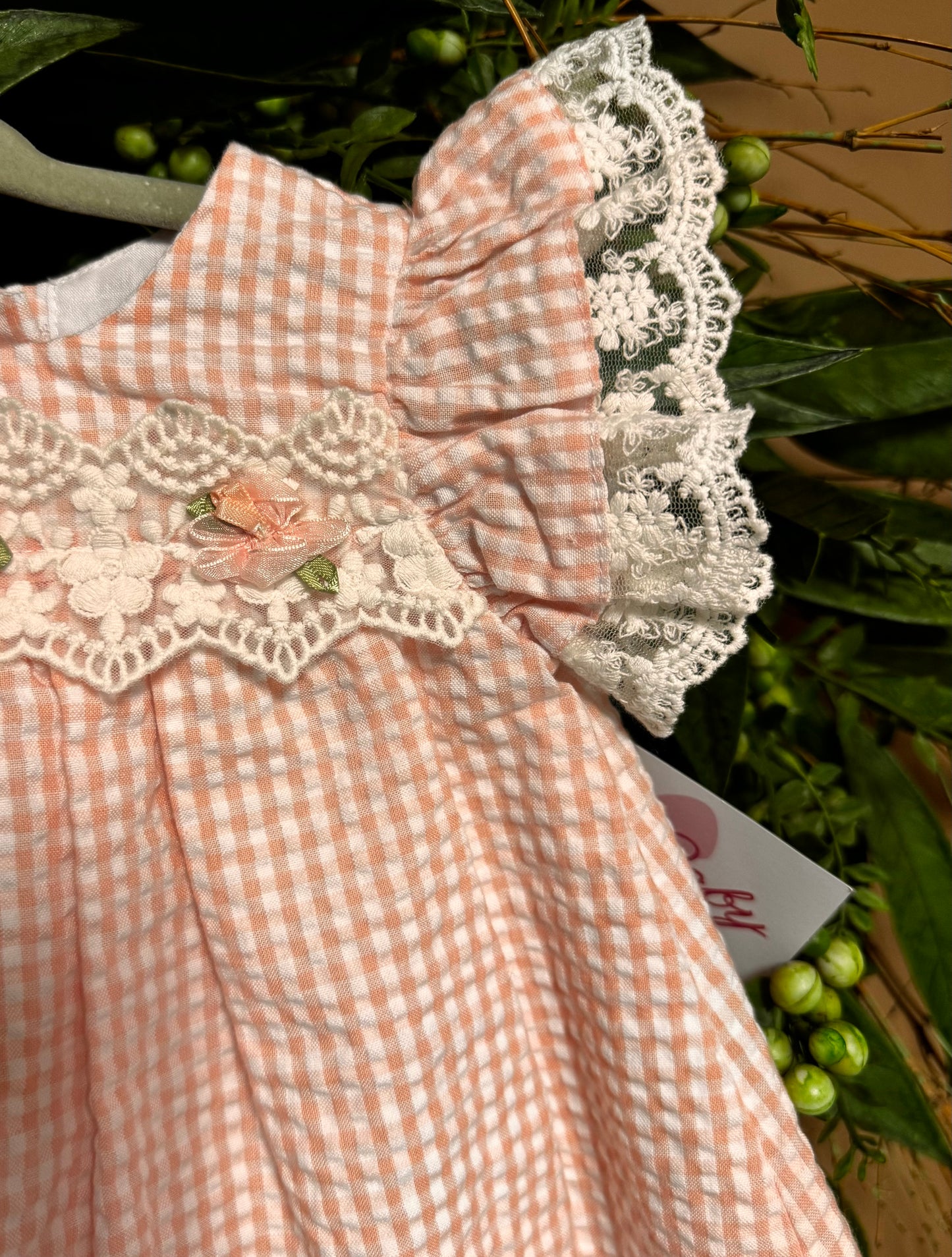 Peach Check Seersucker Lace/Ruffle Dress Baby Girl Size 3-6M