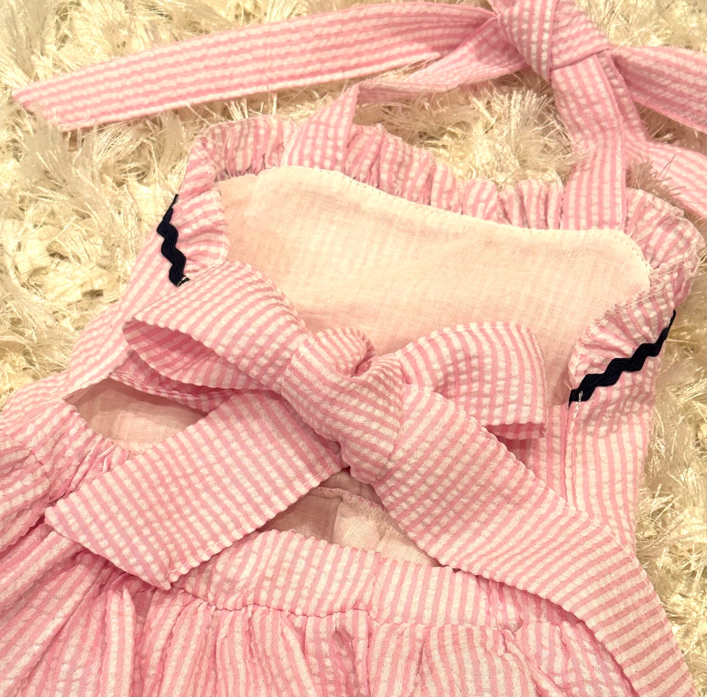 Pink and Navy trim seersucker one piece girls swimsuit