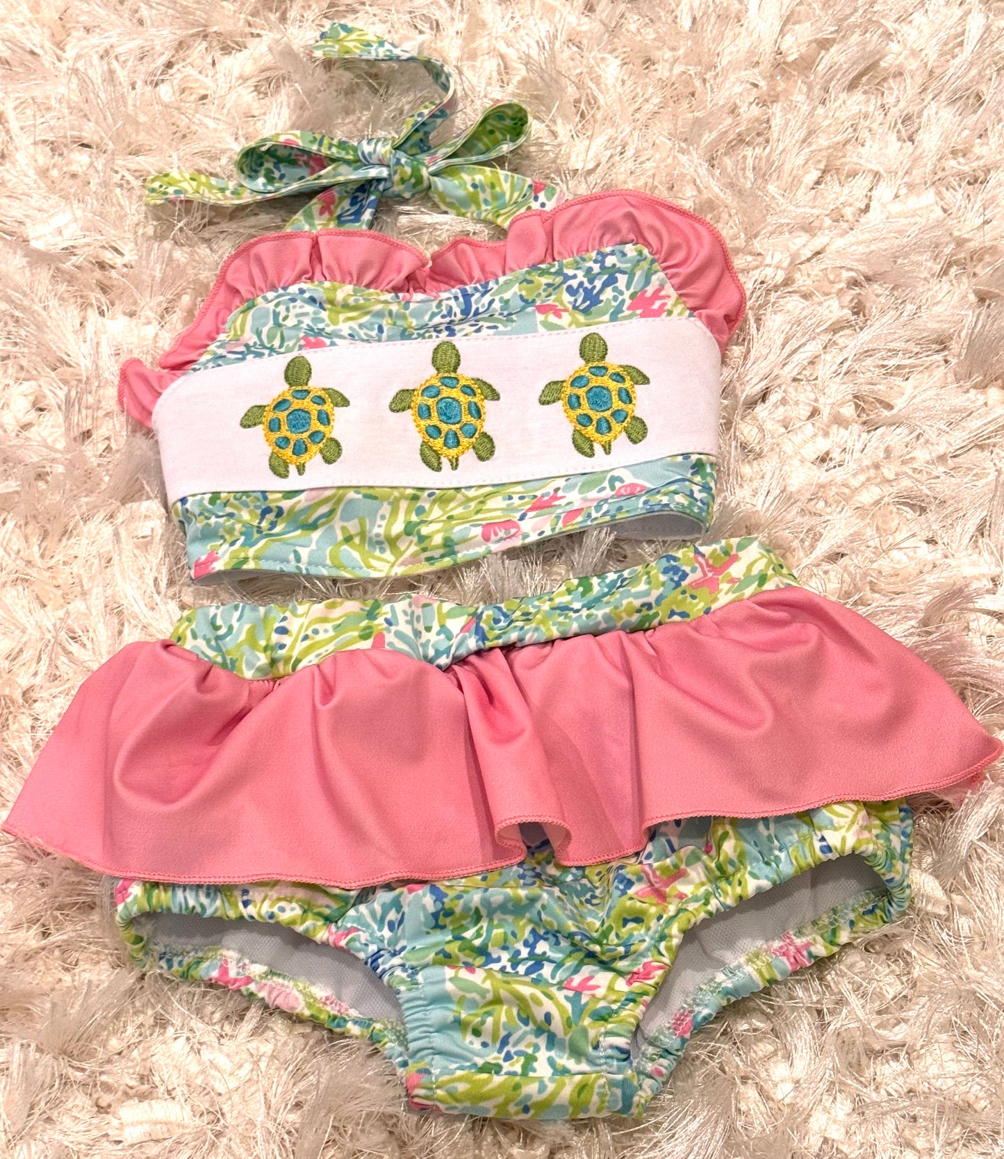 Lily print Turtle embroidery girl 2 piece swimwear