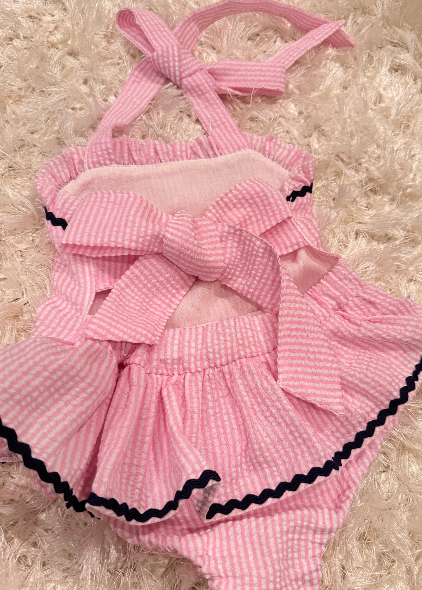 Pink and Navy trim seersucker one piece girls swimsuit