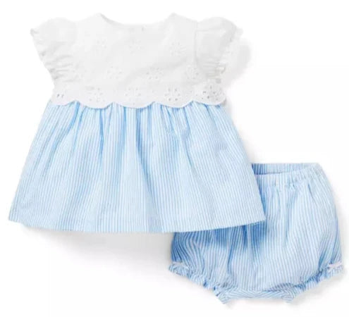 Baby Eyelet/Seersucker Blue stripe bloomer Set