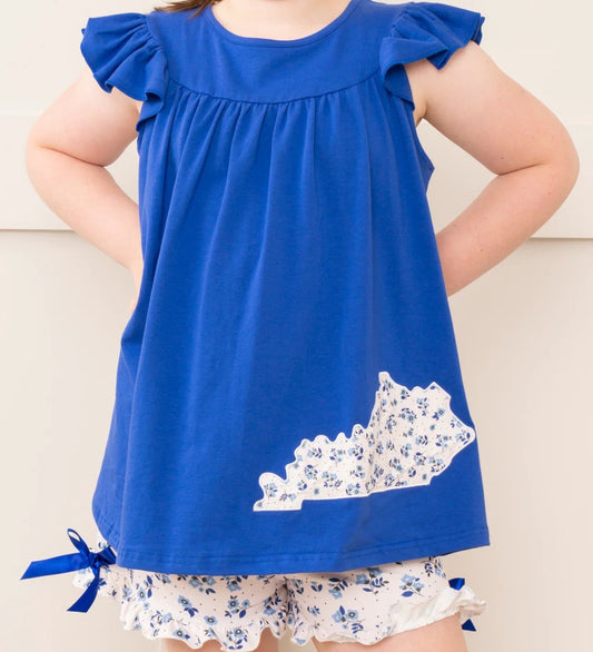 Kentucky Blue Floral Ruffle Short Outfit Girls