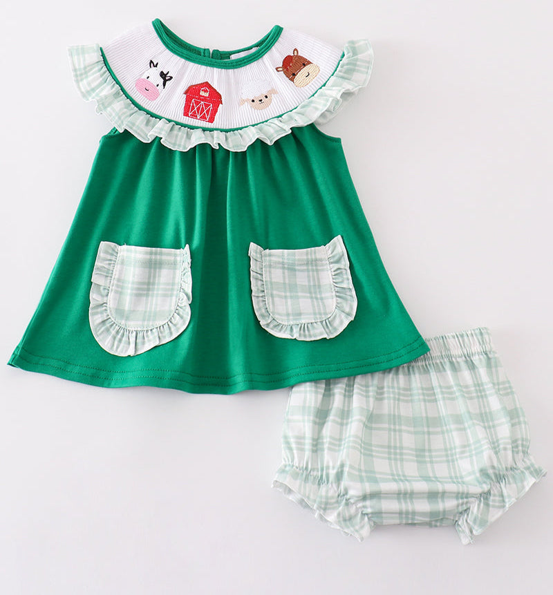 GREEN FARM EMBROIDERY SMOCKED GIRL BLOOMER SET
