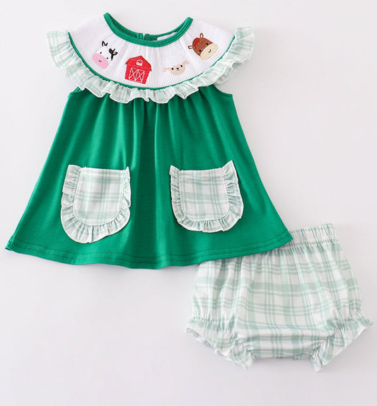 GREEN FARM EMBROIDERY SMOCKED GIRL BLOOMER SET