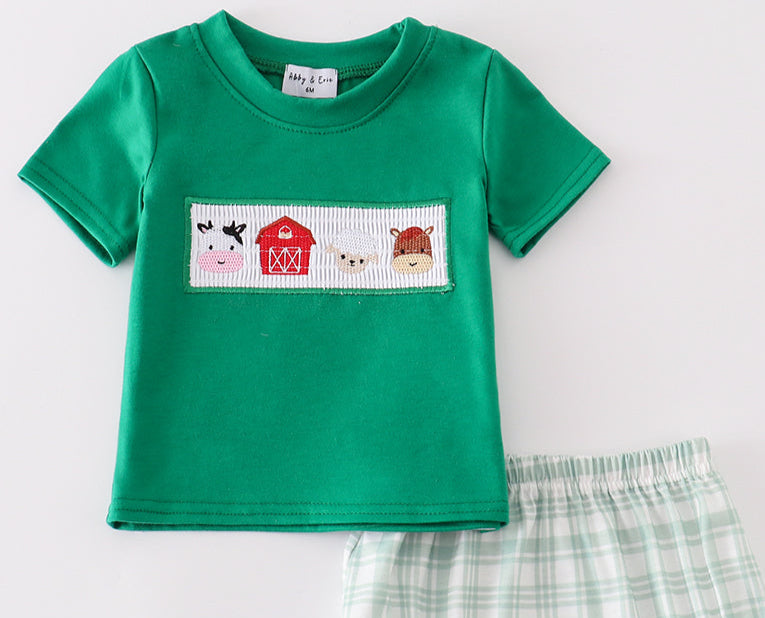 GREEN FARM EMBROIDERY SMOCKED BOY SHORT SET