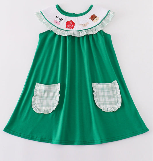 GREEN FARM EMBROIDERY SMOCKED GIRL DRESS