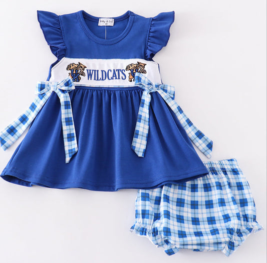 BLUE WILDCATS EMBROIDERY GIRL BLOOMER SET