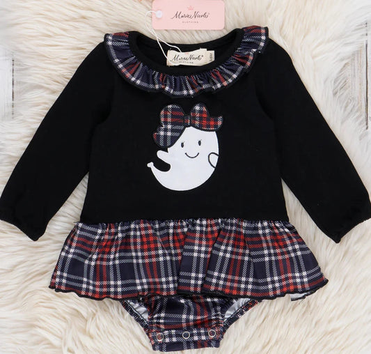 Halloween Ghost Plaid Ruffle Bubble Embroidered