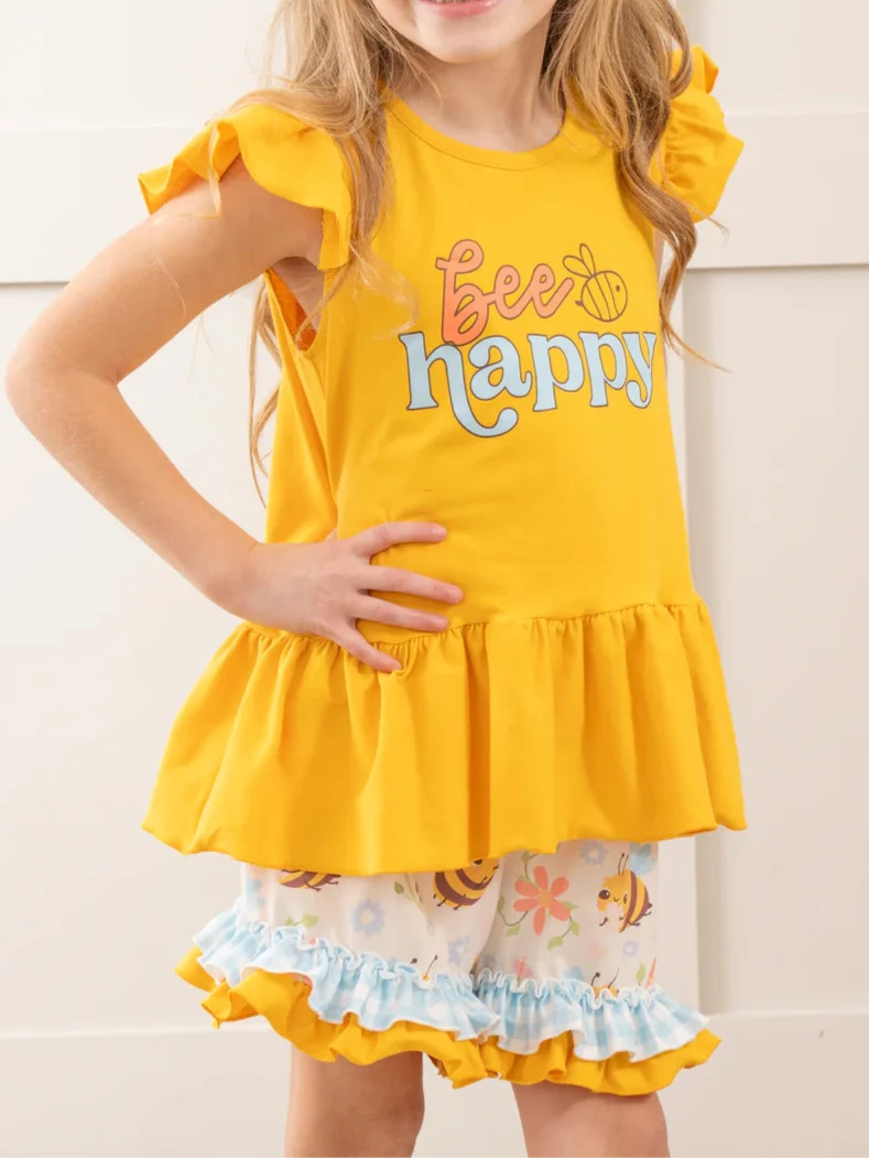 Honey Bee Gingham Ruffle Short Outfit