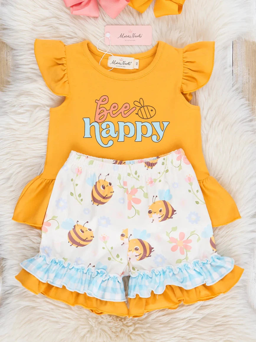 Honey Bee Gingham Ruffle Short Outfit