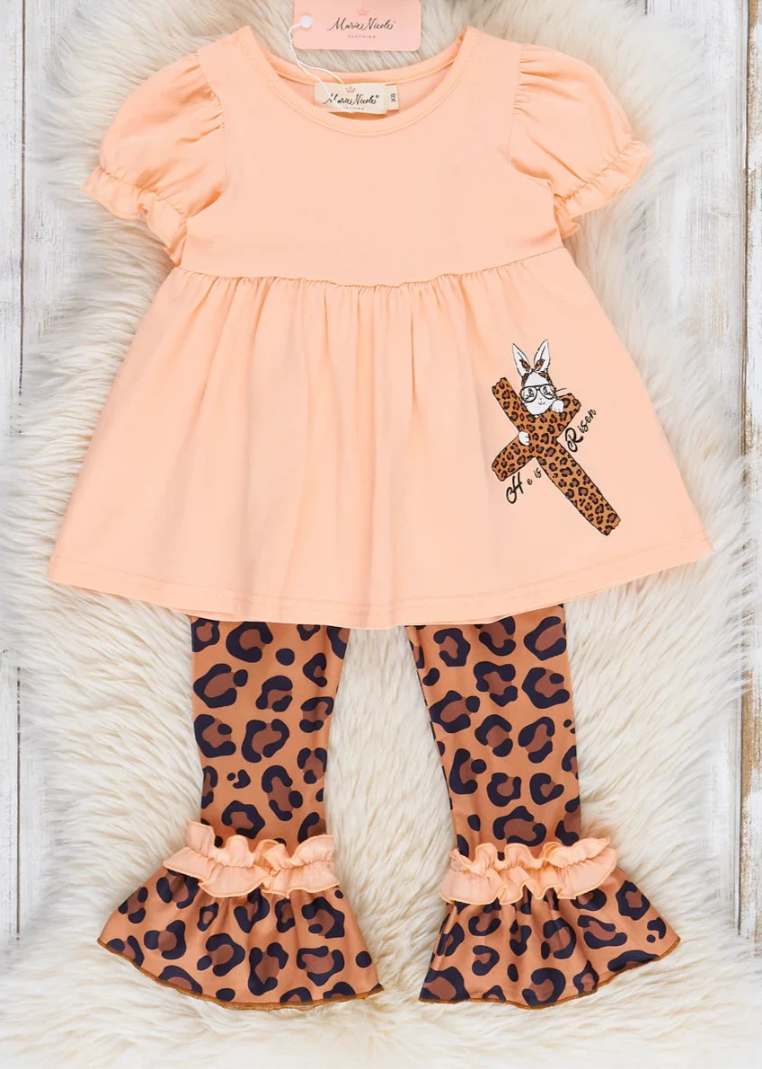 Peach & Leopard "He is Risen" Ruffle Outfit; 18-24M