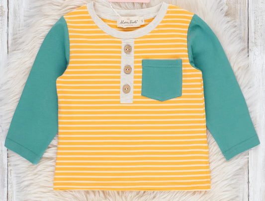 Turquoise & Yellow Stripes Pocket Raglan Shirt