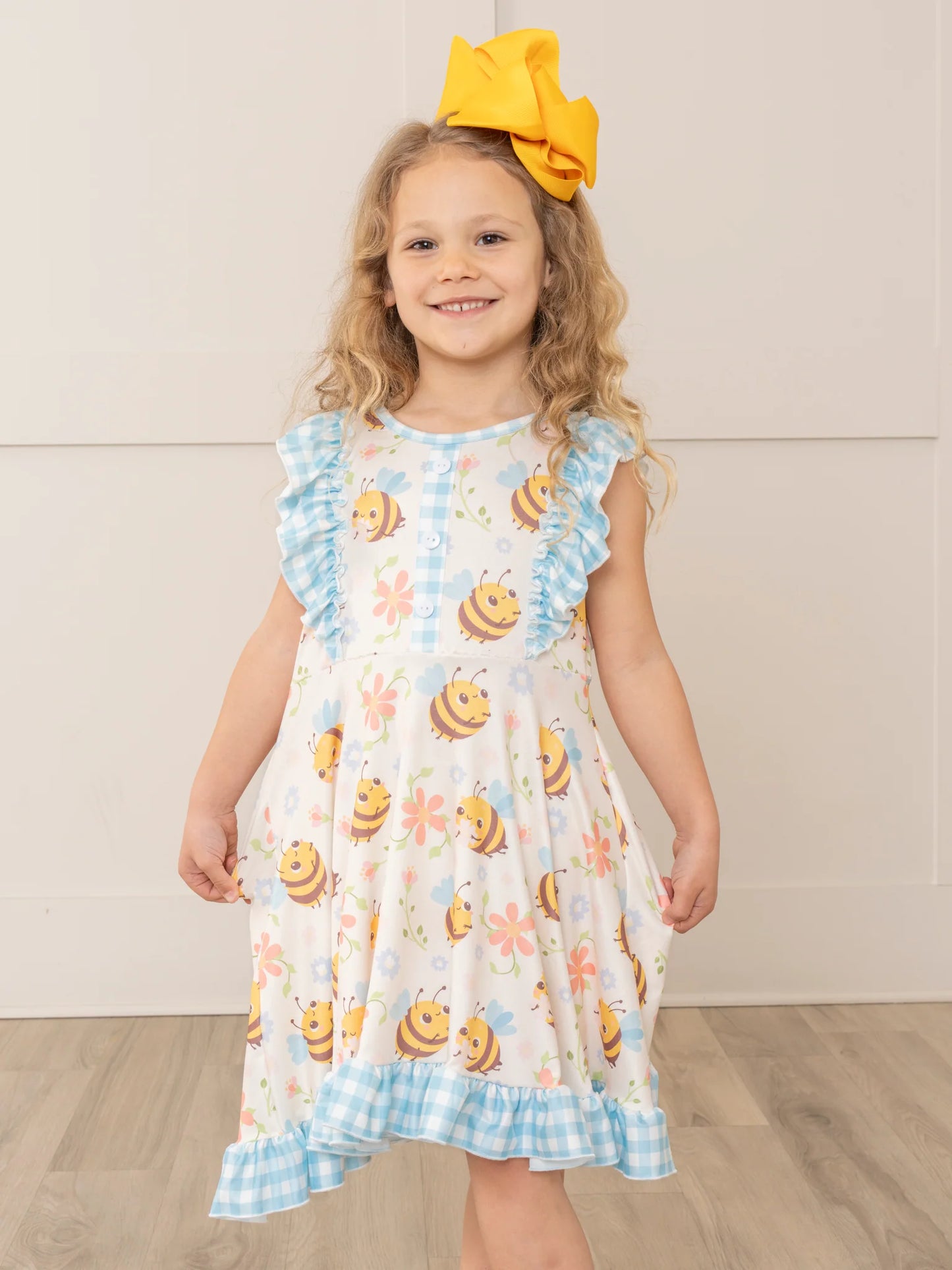 Honey Bee Gingham Ruffle Dress