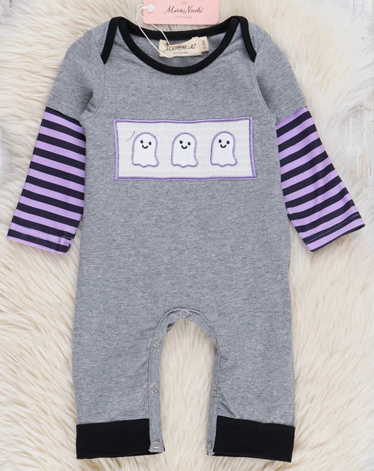 Purple Stripes Smocked Ghosts Romper Boys
