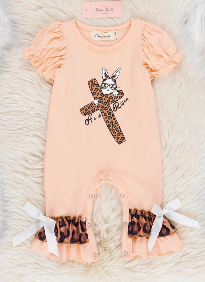 Peach & Leopard "He is Risen" Ruffle Romper; 12-18M