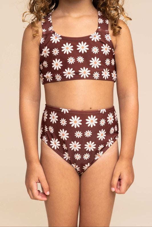 BROWN DAISY PRINT 2PC SWIMSUIT (RUNS SMALL! -GO UP 1-2 SIZES)