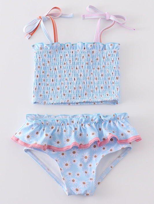Baby Blue Daisy Smocked 2 Pc Swimsuit Girls