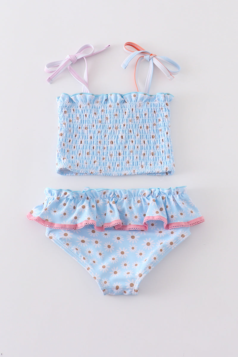 Baby Blue Daisy Smocked 2 Pc Swimsuit Girls