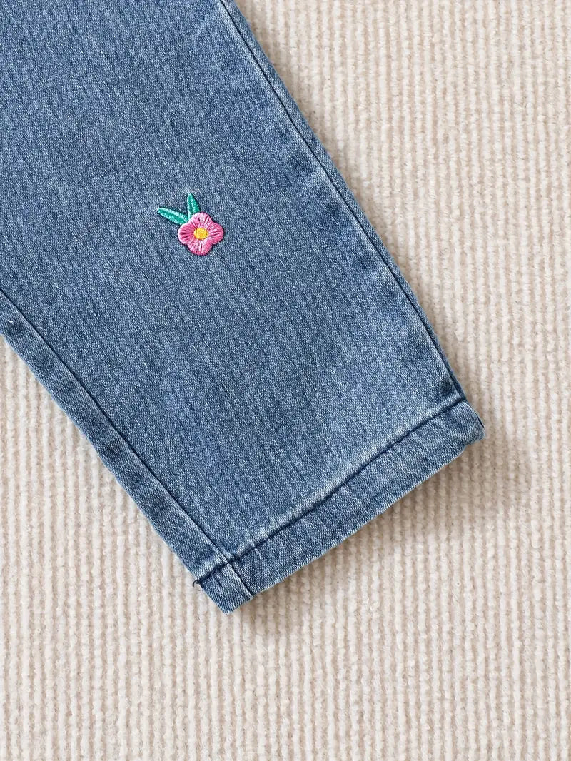 Flower Sweatshirt with Denim Pants flower embroidery