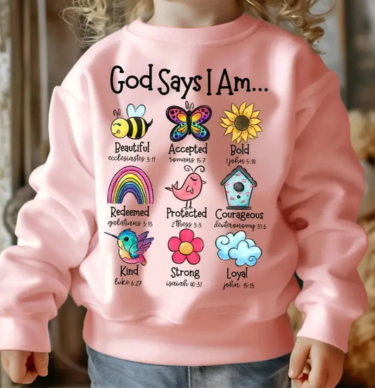 God Says I Am.... Blush Pink and Green Little Girls Sweatshirt