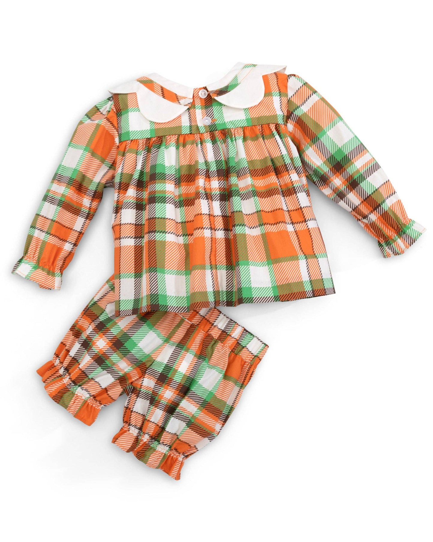 Autumn Plaid Scalloped Bishop Collar Dress & Bloomer Set: