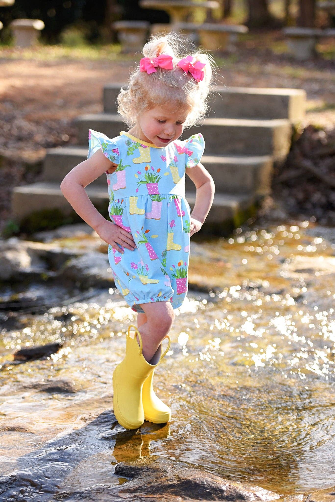 April Showers Rainboot Print Knit Romper: