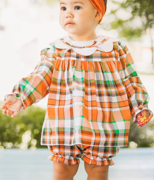 Autumn Plaid Scalloped Bishop Collar Dress & Bloomer Set: