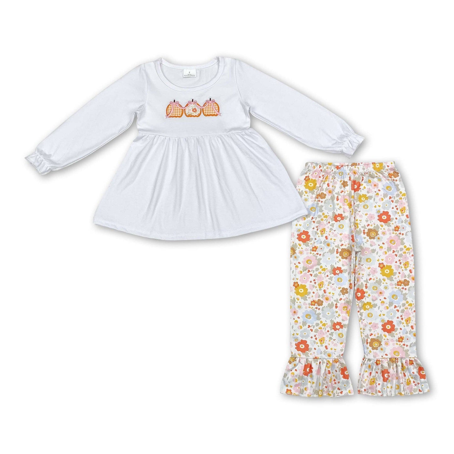 White pumpkin tunic floral pants girls fall clothing: