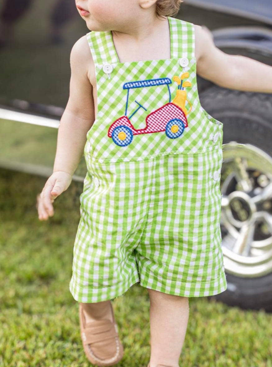 Fore! Boys' Gingham Shortall with Golf Cart Applique: